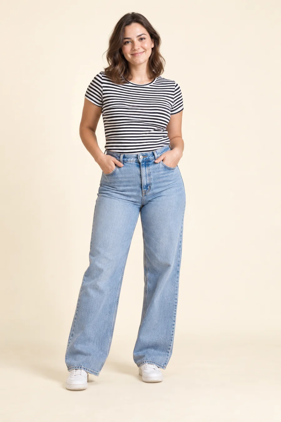 Outfit example: a woman in a striped tee and jeans